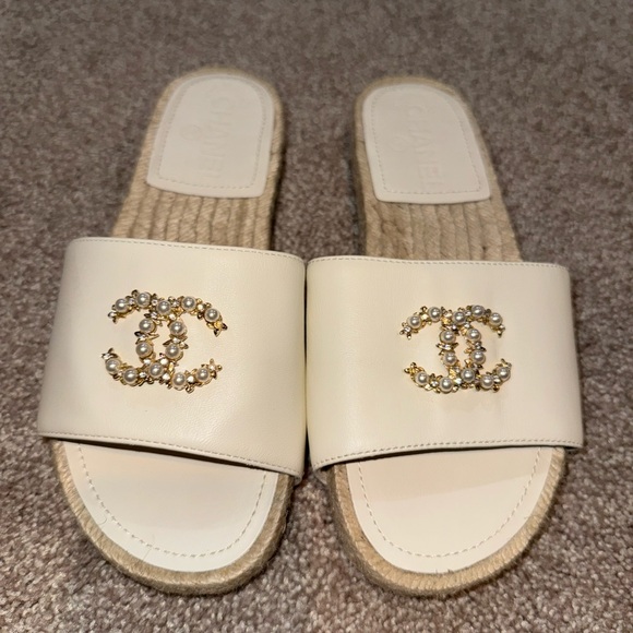 CHANEL Shoes - CHANEL Cream Espadrilles with Gold Accents